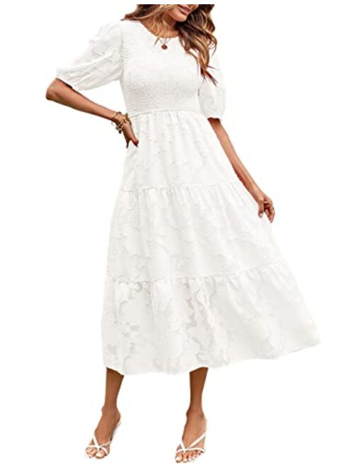 MEROKEETY Women's 2023 Summer Puff Sleeve Smocked Floral Dress Crewneck Lace Flowy Tiered Midi Dresses