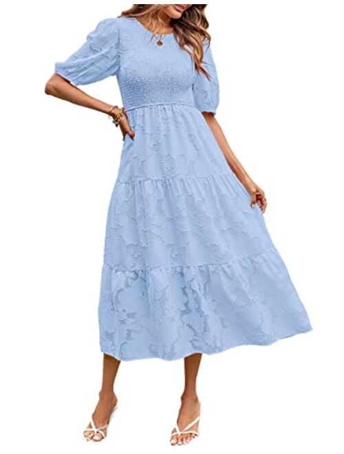 MEROKEETY Women's 2023 Summer Puff Sleeve Smocked Floral Dress Crewneck Lace Flowy Tiered Midi Dresses