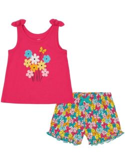 Little Girls Twist-Tie Straps Top and Floral Ruffle Trim Terry Shorts Set, 2 Piece