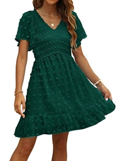 TECREW Womens Smocked Short Sleeve V Neck Mini Dress Summer Swiss Dot Flowy Short Dress