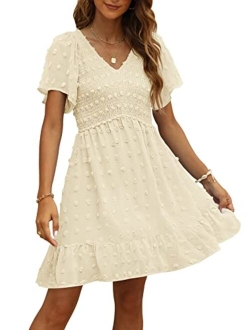 TECREW Womens Smocked Short Sleeve V Neck Mini Dress Summer Swiss Dot Flowy Short Dress