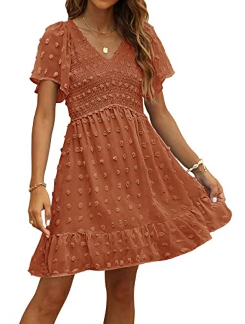 TECREW Womens Smocked Short Sleeve V Neck Mini Dress Summer Swiss Dot Flowy Short Dress