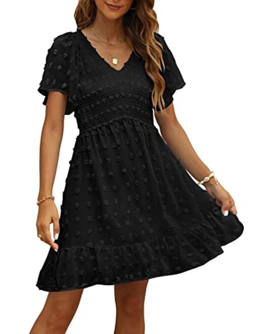 TECREW Womens Smocked Short Sleeve V Neck Mini Dress Summer Swiss Dot Flowy Short Dress