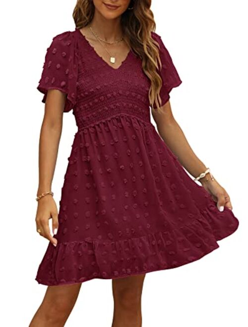 TECREW Womens Smocked Short Sleeve V Neck Mini Dress Summer Swiss Dot Flowy Short Dress