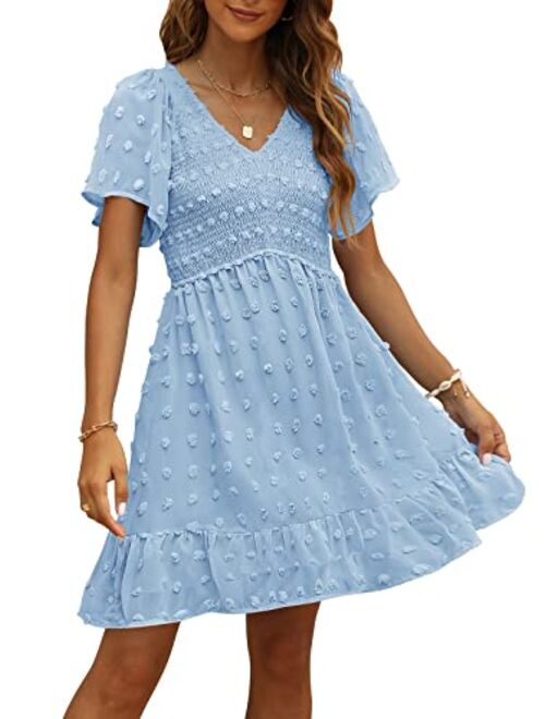 TECREW Womens Smocked Short Sleeve V Neck Mini Dress Summer Swiss Dot Flowy Short Dress