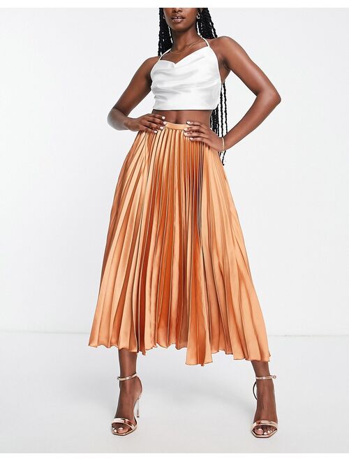 ASOS DESIGN satin plisse pleated midi skirt in tan