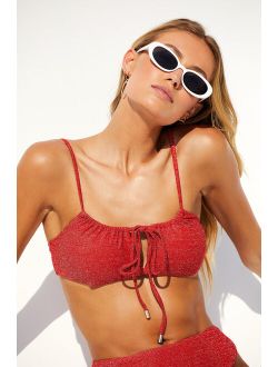 Sandy Escape Red Sparkly Bandeau Tie-Front Bikini Top