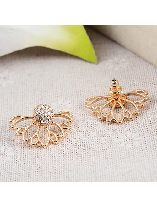 Zeshimb Boho Lotus Flower Jacket Earrings Sparkling Cz Earrings Silver Crystal Flower Earrings Hollow Flower Stud Earrings Jewelry for Women and Girls