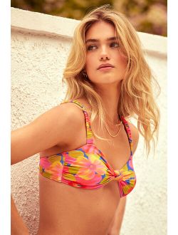 Sunny Coast Pink Multi Floral Print Knotted Ruched Bikini Top