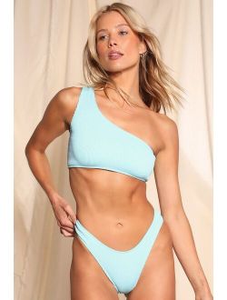 Just Coasting Blue Ribbed One-Shoulder Bikini Top