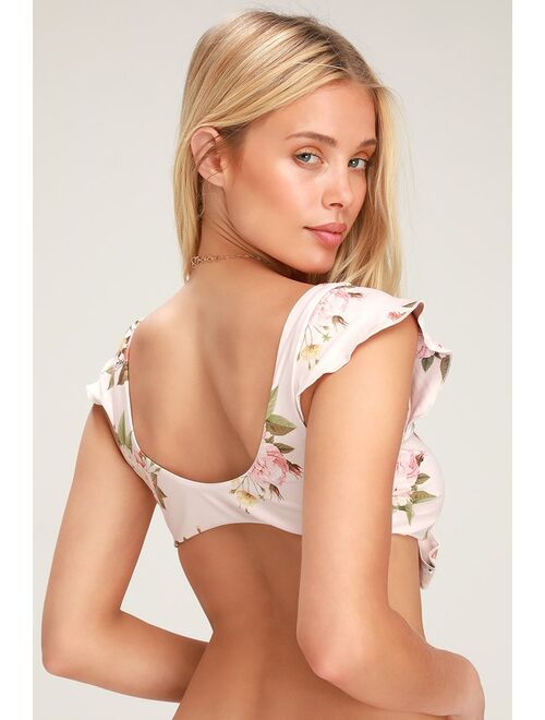 Lulus Power 2 the Flower Raquel Blush Floral Print Tie-Front Bikini Top