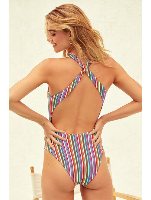 Lulus Sensationally Seaside Rainbow Striped Crinkle One-Piece Swimsuit