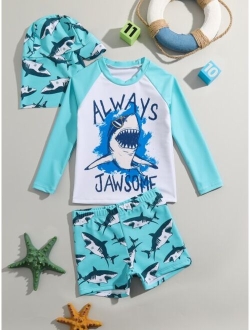 Toddler Boys Shark Print Beach Swimsuit With Swim Cap