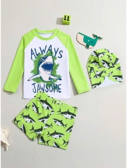 Toddler Boys Shark Print Beach Swimsuit With Swim Cap