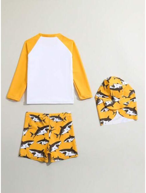 Toddler Boys Shark Print Beach Swimsuit With Swim Cap