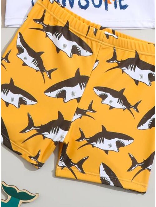 Toddler Boys Shark Print Beach Swimsuit With Swim Cap