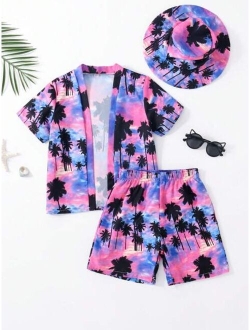 Toddler Boys Tropical Print Kimono Swim Shorts Swim Cap