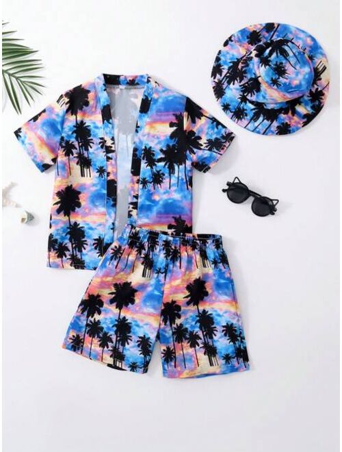 Toddler Boys Tropical Print Kimono Swim Shorts Swim Cap