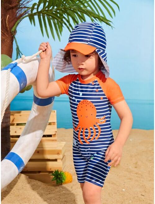 Toddler Boys Random Cartoon Striped Graphic One Piece Swimsuit Hat