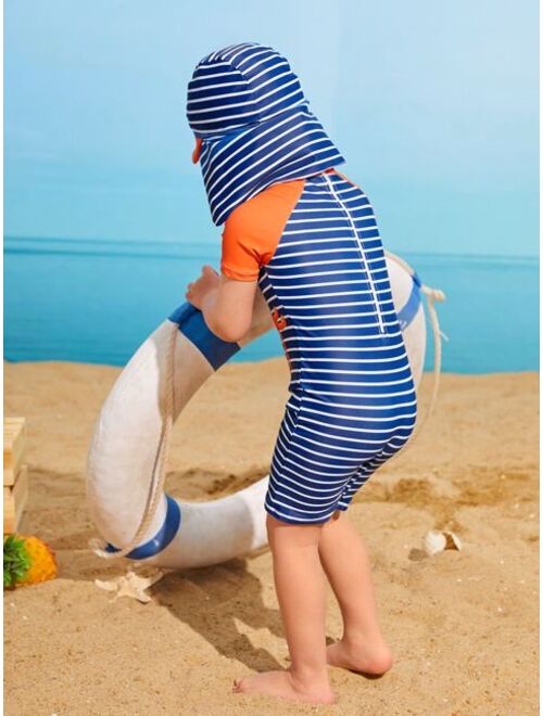 Toddler Boys Random Cartoon Striped Graphic One Piece Swimsuit Hat