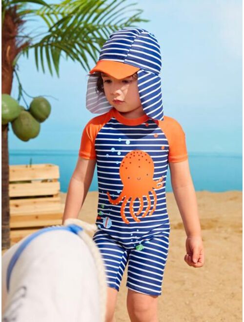 Toddler Boys Random Cartoon Striped Graphic One Piece Swimsuit Hat