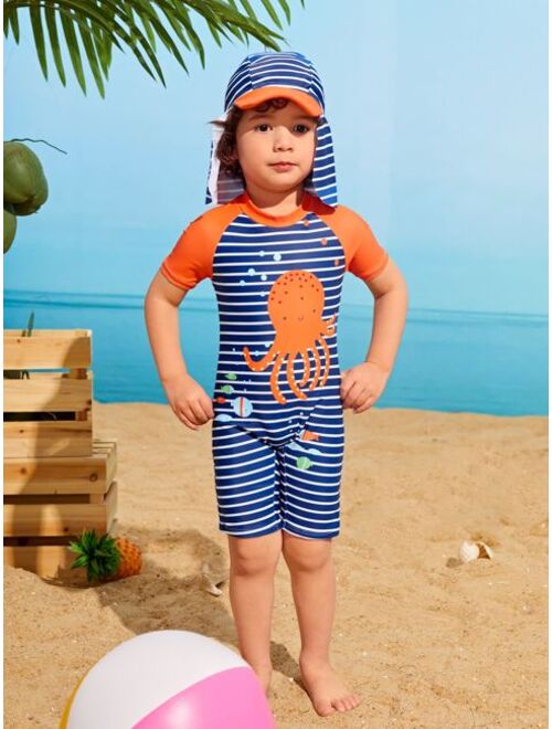 Toddler Boys Random Cartoon Striped Graphic One Piece Swimsuit Hat