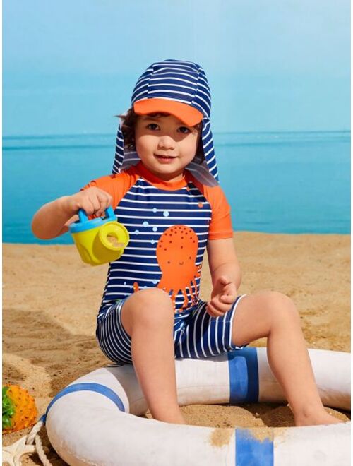 Toddler Boys Random Cartoon Striped Graphic One Piece Swimsuit Hat