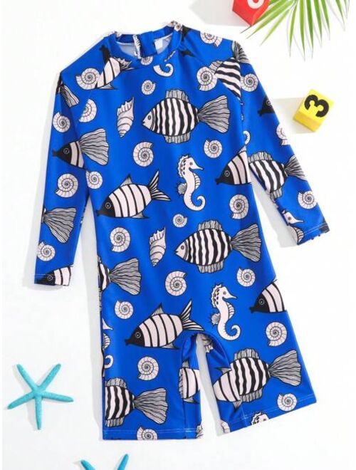 Toddler Boys Fish Print Zipper Back One Piece Swimsuit