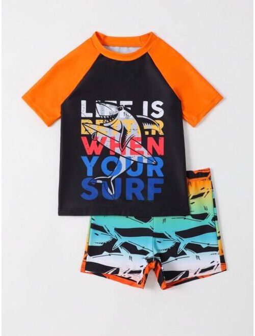 Toddler Boys Shark Slogan Graphic Beach Swimsuit