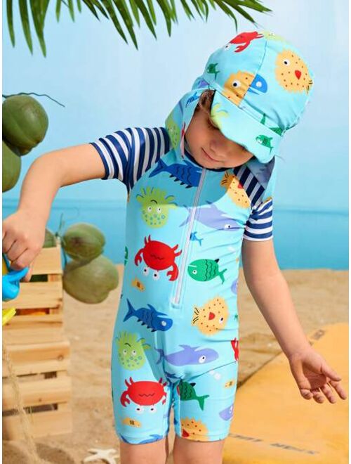 Toddler Boys Cartoon Graphic Zip Front One Piece Swimsuit With Swim Cap