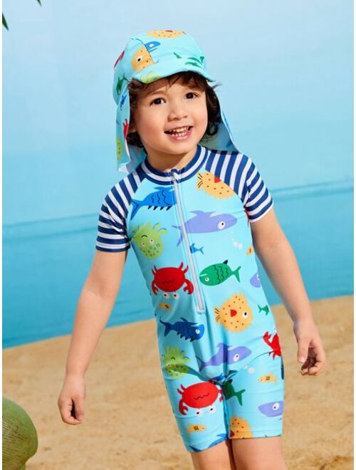 Toddler Boys Cartoon Graphic Zip Front One Piece Swimsuit With Swim Cap