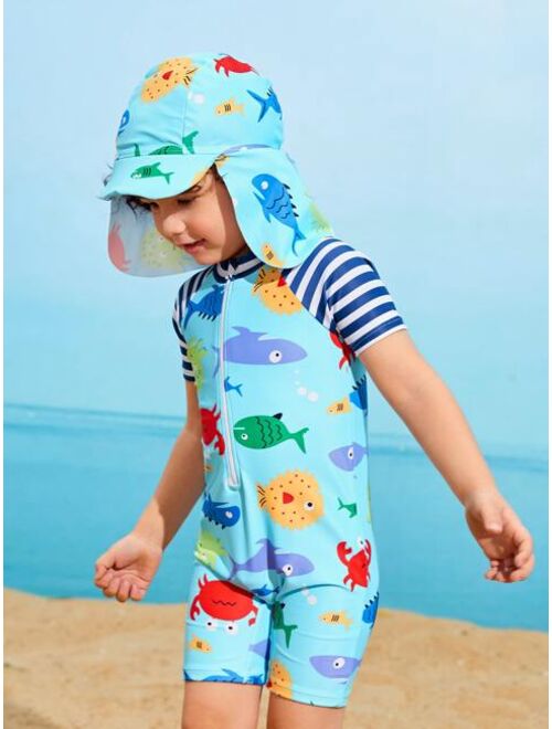 Toddler Boys Cartoon Graphic Zip Front One Piece Swimsuit With Swim Cap