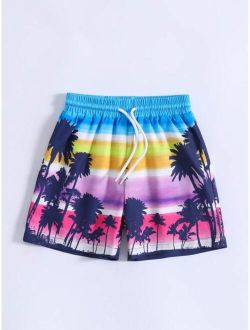 Toddler Boys Coconut Tree Print Drawstring Waist Swim Shorts