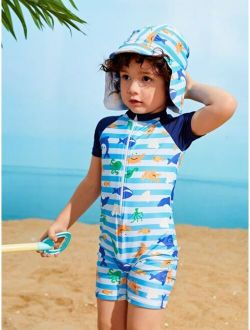 Toddler Boys Cartoon Graphic Zip Front One Piece Swimsuit With Swim Cap