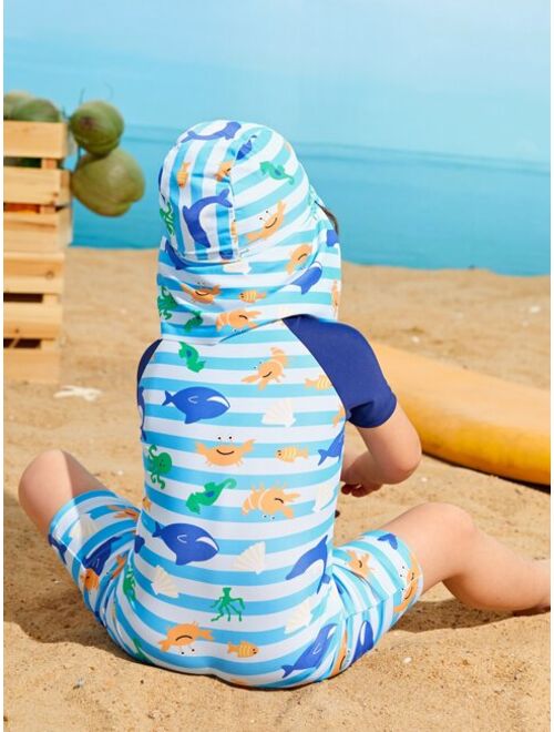 Toddler Boys Cartoon Graphic Zip Front One Piece Swimsuit With Swim Cap