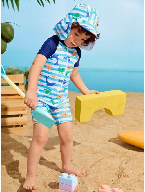 Toddler Boys Cartoon Graphic Zip Front One Piece Swimsuit With Swim Cap