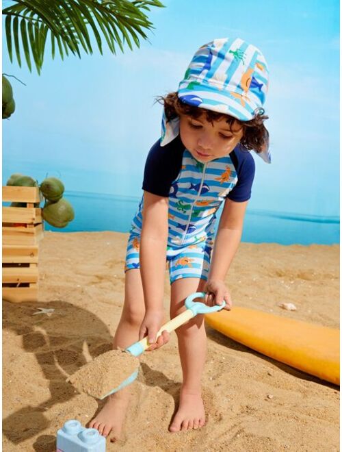 Toddler Boys Cartoon Graphic Zip Front One Piece Swimsuit With Swim Cap