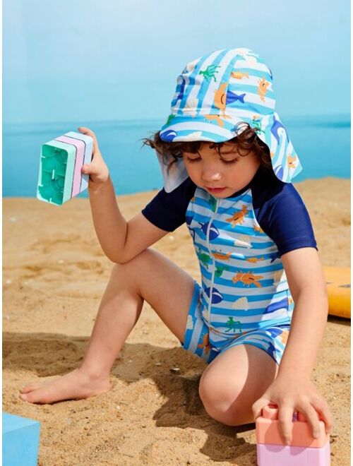 Toddler Boys Cartoon Graphic Zip Front One Piece Swimsuit With Swim Cap