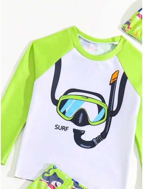 Toddler Boys Cartoon Graphic Beach Swimsuit With Swim Cap