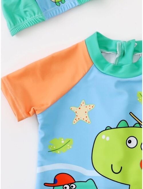 Toddler Boys Dinosaur Print One Piece Swimsuit With Swim Cap