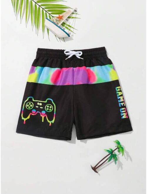 Toddler Boys Gamepad Letter Graphic Drawstring Waist Swim Shorts