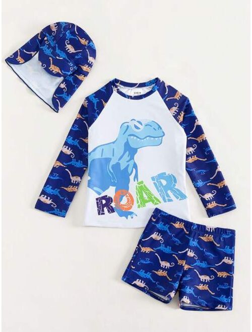 Toddler Boys Dinosaur Print Beach Swimsuit With Swim Cap