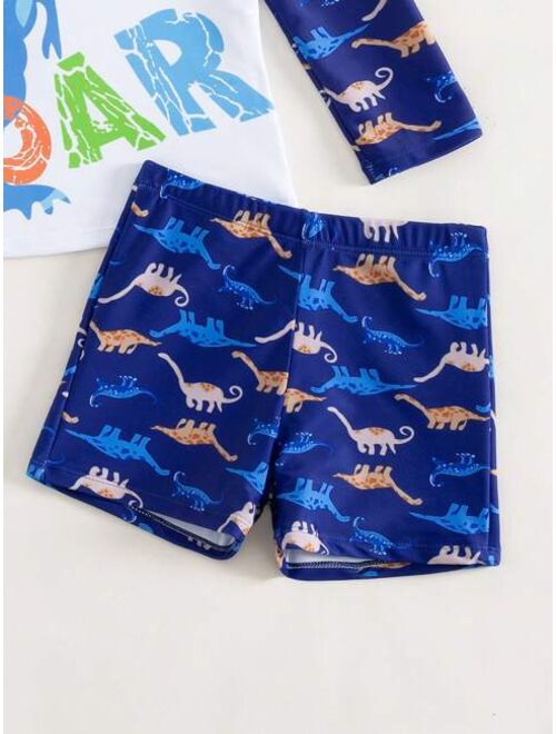 Toddler Boys Dinosaur Print Beach Swimsuit With Swim Cap