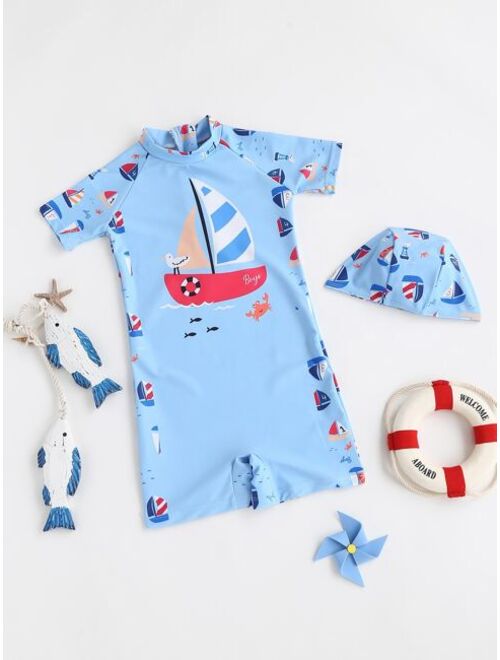 Toddler Boys Cartoon Graphic Zip Back One Piece Swimsuit With Swim Cap