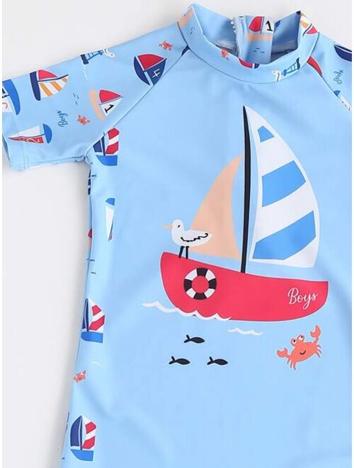 Toddler Boys Cartoon Graphic Zip Back One Piece Swimsuit With Swim Cap