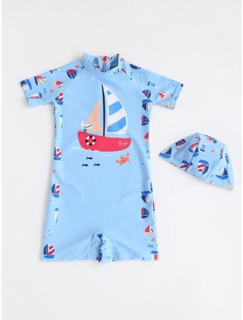 Toddler Boys Cartoon Graphic Zip Back One Piece Swimsuit With Swim Cap