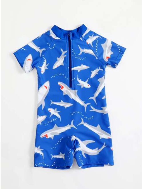 Toddler Boys Shark Print Zipper Back One Piece Swimsuit