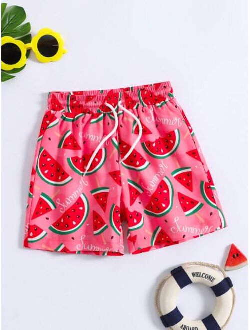 Toddler Boys Watermelon Print Drawstring Waist Swim Shorts