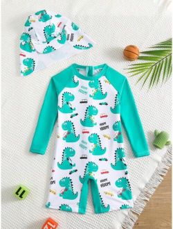 Toddler Boys Zipper Closure Dinosaur Printed One piece Swimwear With Sun Hat