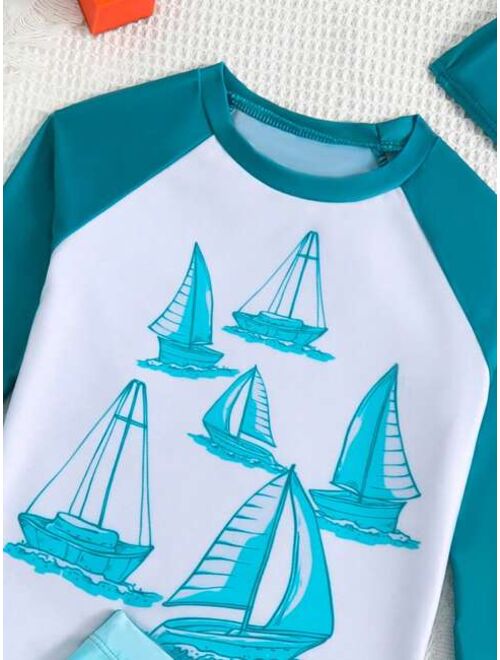 Toddler Boys Sailboat Print Beach Swimsuit With Swim Cap